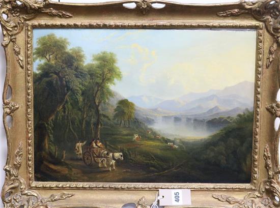 J.Scougall, oil on canvas, travellers in a landscape, 33 x 47cm